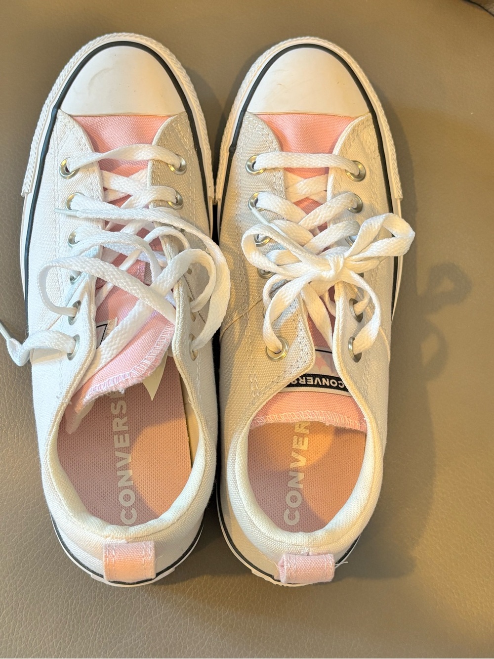 Converse Low Top Canvas Sneakers in White and Pink - Picture 2 of 6